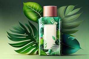 Minimal abstract cosmetic background for product presentation. Cosmetic bottle podium and green palm leaf background. 3d render illustration. . photo