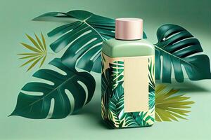 Minimal abstract cosmetic background for product presentation. Cosmetic bottle podium and green palm leaf background. 3d render illustration. . photo