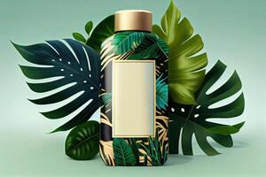 Minimal abstract cosmetic background for product presentation. Cosmetic bottle podium and green palm leaf background. 3d render illustration. . photo