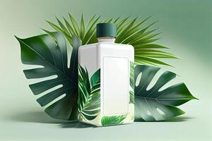 Minimal abstract cosmetic background for product presentation. Cosmetic bottle podium and green palm leaf background. 3d render illustration. . photo