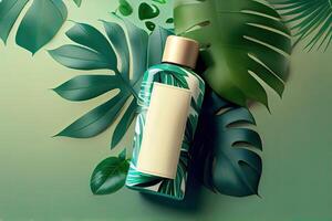 Minimal abstract cosmetic background for product presentation. Cosmetic bottle podium and green palm leaf background. 3d render illustration. . photo