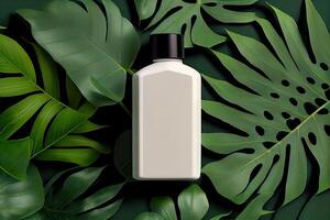 Minimal abstract cosmetic background for product presentation. Cosmetic bottle podium and green palm leaf background. 3d render illustration. . photo