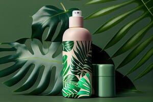 Minimal abstract cosmetic background for product presentation. Cosmetic bottle podium and green palm leaf background. 3d render illustration. . photo