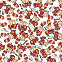 Seamless pattern of fire fighter car with bear fire fighter animal cartoon. Creative vector childish background for fabric, textile, nursery wallpaper, card, poster and other decoration.