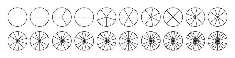 pastel de fracciones dividido para matemáticas. pastel circular con piezas. conjunto de rebanadas de segmento. geometría sencilla. ilustración vectorial aislada vector