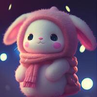 Little cute rabbit with pink wearing red sweater clothes with a hood. Easter bunny pink on blurred background. . photo