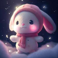 Little cute rabbit with pink wearing red sweater clothes with a hood. Easter bunny pink on blurred background. . photo