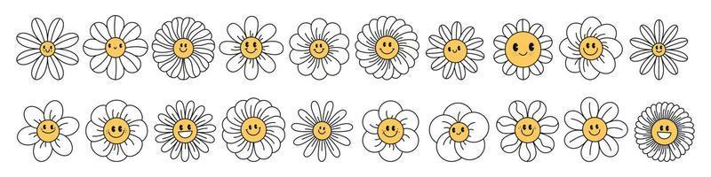 Daisies in a groovy style. Retro chamomile smiles in cartoon style. Happy stickers set from the 70s. Vector graphic illustration