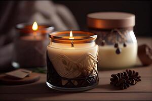 Closeup of burning candles spreading aroma on table in a spa room. Beautiful composition with grey and white candles for spa treatment. Zen and relax concept. . photo