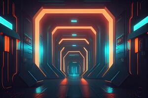 futuristic sci-fi space war ship hangar tunnel corridor with reflective glass windows 3d illustration background wallpaper. Generative Ai photo