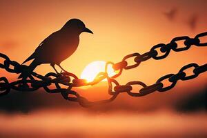 Concept of liberty found, with chains breaking and turning into a dove flying off at sunset. Freedom concept Silhouette of bird flying and broken chains. photo