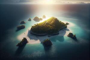 Aerial drone top view photo of small exotic atoll island with deep turquoise and emerald open ocean sea. Drone Photo of Beautiful view of floating island top view.