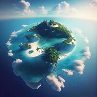 Aerial drone top view photo of small exotic atoll island with deep turquoise and emerald open ocean sea. Drone Photo of Beautiful view of floating island top view.