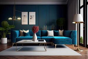 Luxury living room in a house with modern interior design,blue sofa, coffee table, pouf, blue decoration, plant, lamp, carpet, mock up poster frame and elegant accessories. Template. photo