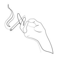 Cigarette with smoke in human hand One line drawing vector illustration.Sketch drawing hand holding cigarette between fingers simple design element