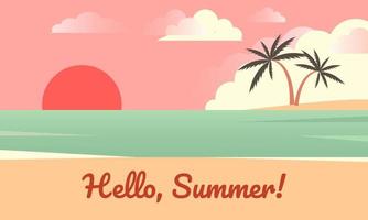 Hello summer banner. Background of sea beach with palms and sunrise. Good sunny day. vector