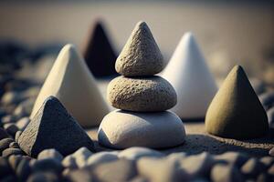 Stones Pyramid shape stacked in the forest. stack of stones forming apache as with a forest in the background. space for text. . photo