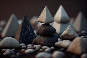 Stones Pyramid shape stacked in the forest. stack of stones forming apache as with a forest in the background. space for text. . photo