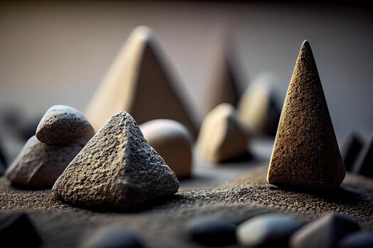 Stones Pyramid shape stacked in the forest. stack of stones forming apache as with a forest in the background. space for text. . photo