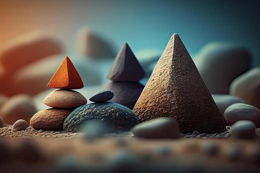 Stones Pyramid shape stacked in the forest. stack of stones forming apache as with a forest in the background. space for text. . photo