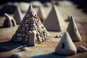 Stones Pyramid shape stacked in the forest. stack of stones forming apache as with a forest in the background. space for text. . photo