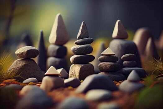 Stones Pyramid shape stacked in the forest. stack of stones forming apache as with a forest in the background. space for text. . photo