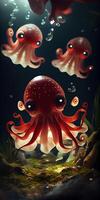An octopus with an almost red and pink marbled skin moves among brown coral in an ocean shallow. The creatures tentacles whip around as it scuttles through the aquatic landscape. . photo