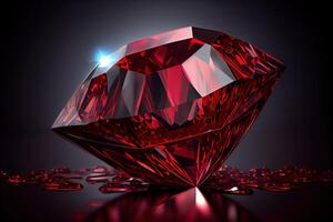 Red Ruby gemstone Round Cut on black background, close up shot. . photo