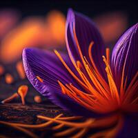 Purple flower head of saffron crocus Crocus sativus and the vivid crimson stigma and styles close up macro photography. . photo