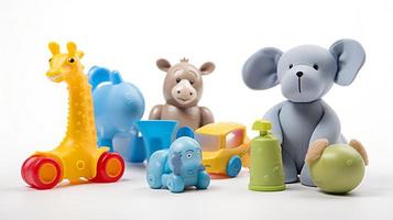 Colorful various baby toy for baby activities and fun like doll, car, animal, and ball. photo