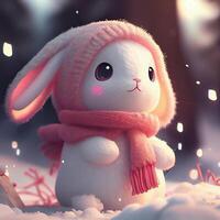 Little cute rabbit with pink wearing red sweater clothes with a hood. Easter bunny pink on blurred background. . photo