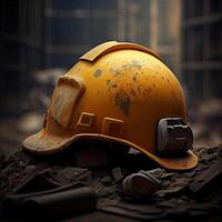 Construction concept. closeup yellow construction helmet in the construction site background. helmet in construction site and construction site worker background safety first concept. photo