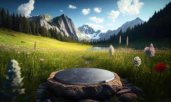 Natural stone and concrete podium in front of mountain view. Empty showcase for packaging product presentation. Background for cosmetic products, the scene with a beautiful view. photo