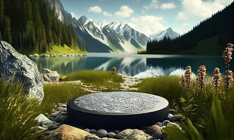 Natural stone and concrete podium in front of mountain view. Empty showcase for packaging product presentation. Background for cosmetic products, the scene with a beautiful view. photo