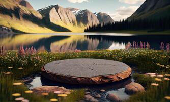 Natural stone and concrete podium in front of mountain view. Empty showcase for packaging product presentation. Background for cosmetic products, the scene with a beautiful view. photo