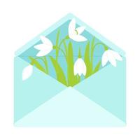 Vector illustration. Snowdrop flowers in a blue carpet. Spring composition.