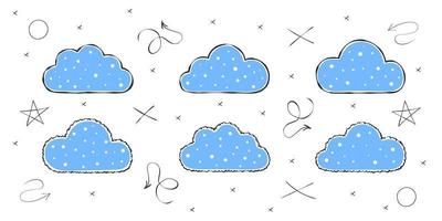 Doodle clouds images. Hand-drawn clouds with texture. Vector scalable graphics