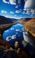 View of the river. Panoramic view on mountain lake in front of mountain. . photo