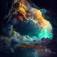 Abstract colorful stone cave background. Rock formations on the arches and walls of the hall in the cave. archeology. colorful. Generative Ai photo