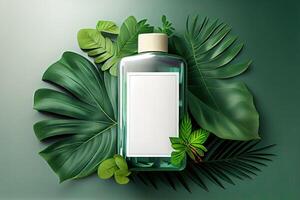 Minimal abstract cosmetic background for product presentation. Cosmetic bottle podium and green palm leaf background. 3d render illustration. . photo