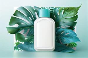 Minimal abstract cosmetic background for product presentation. Cosmetic bottle podium and green palm leaf background. 3d render illustration. . photo