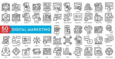 Digital marketing icon set. Containing seo, content, website, social media, sales and online advertising. Solid vector symbol collection