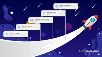 5 5 lista de pasos diagrama con escalera nivel secuencia, infografía elemento modelo con cohete en el espacio ilustración vector