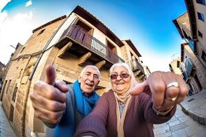 Elderly man and woman are walking together, smiling and fooling around. photo