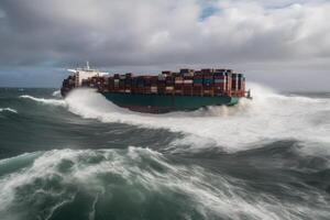 destrozado carga Embarcacion con contenedores en Tormentoso mar con grande ondas. generativo ai foto