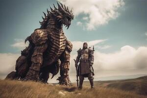 Man stands in front of huge dragon, fantasy world. photo