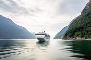 grande crucero Embarcacion en fiordos turismo vacaciones y verano de viaje. generativo ai foto