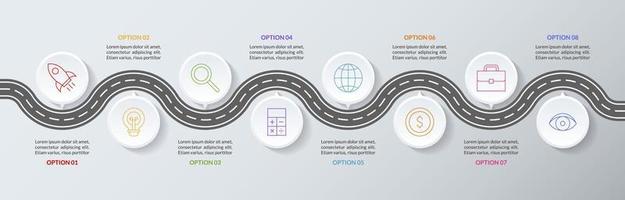 infografia diseño modelo y íconos con 8 opciones o 8 pasos vector