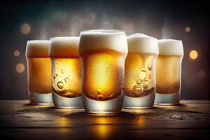 Five glasses of beers on a wooden table. Dark background. photo