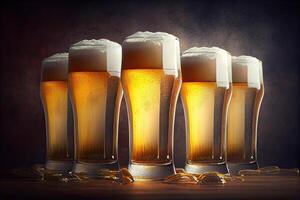 Five glasses of beers on a wooden table. Dark background. photo